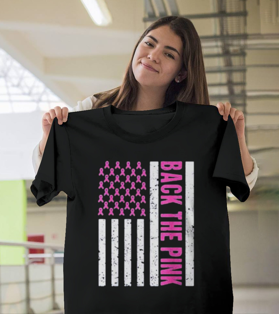 Back The Pink Breast Cancer Awareness American Flag Ribbons T-Shirt