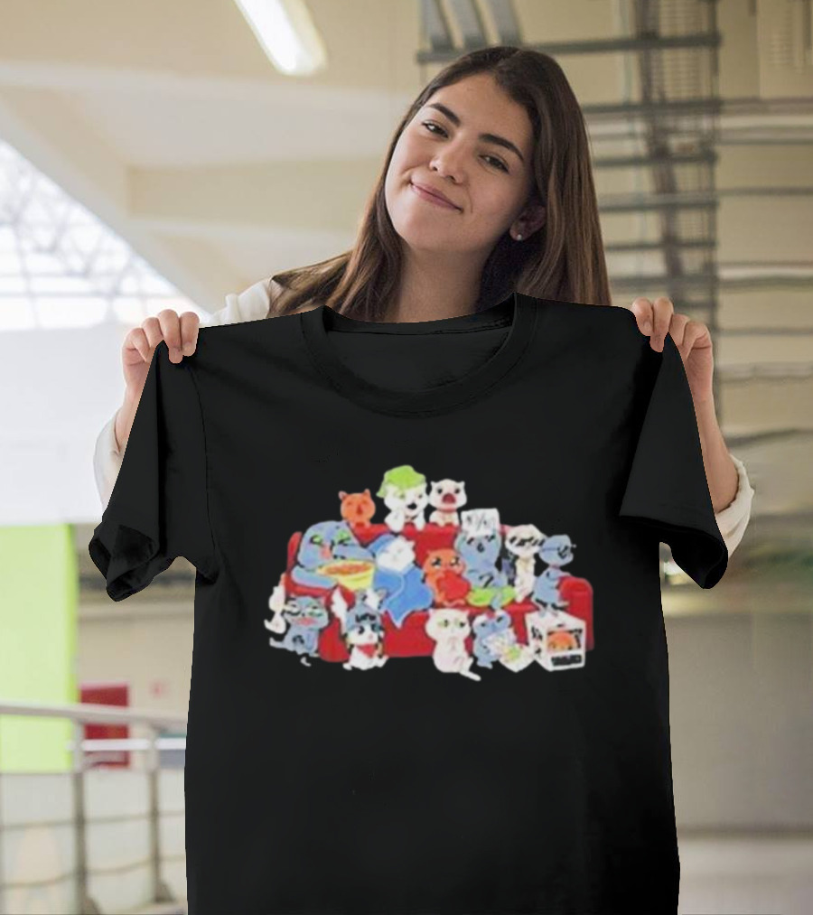 Lirik Couch Gang Cat Characters on Red Sofa with Snacks T-Shirt