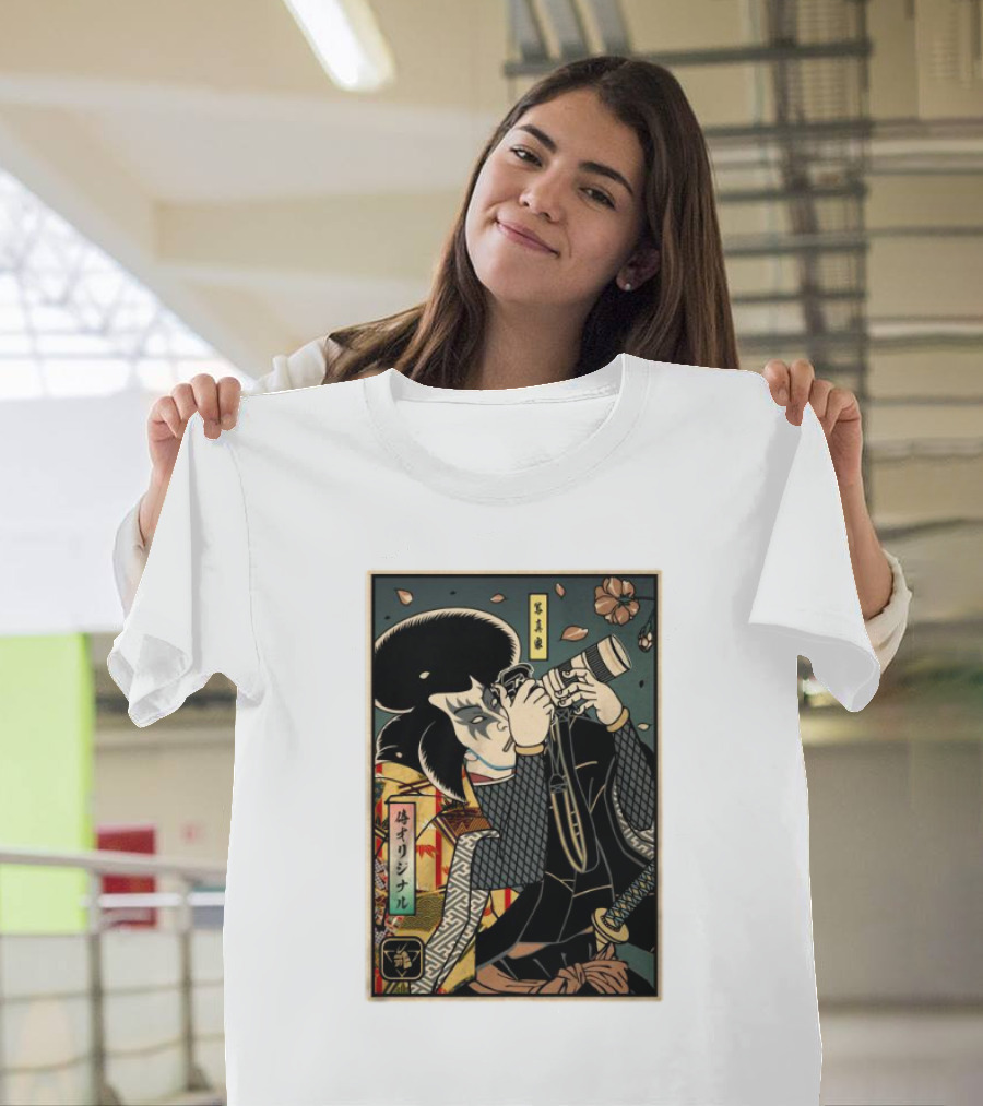 Samurai Ukiyo-e Style Photographer with Katana and Cherry Blossoms T-Shirt