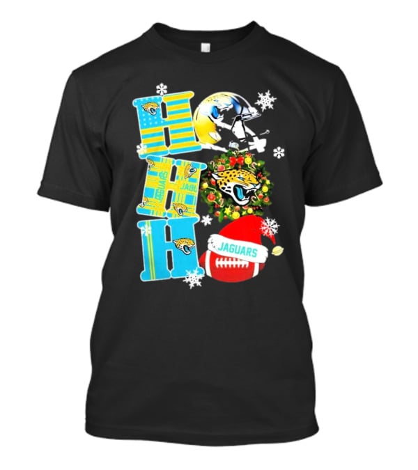 Jacksonville Jaguars Ho Ho Ho Merry Christmas Football Santa Hat Snowflakes Wreath T-Shirt