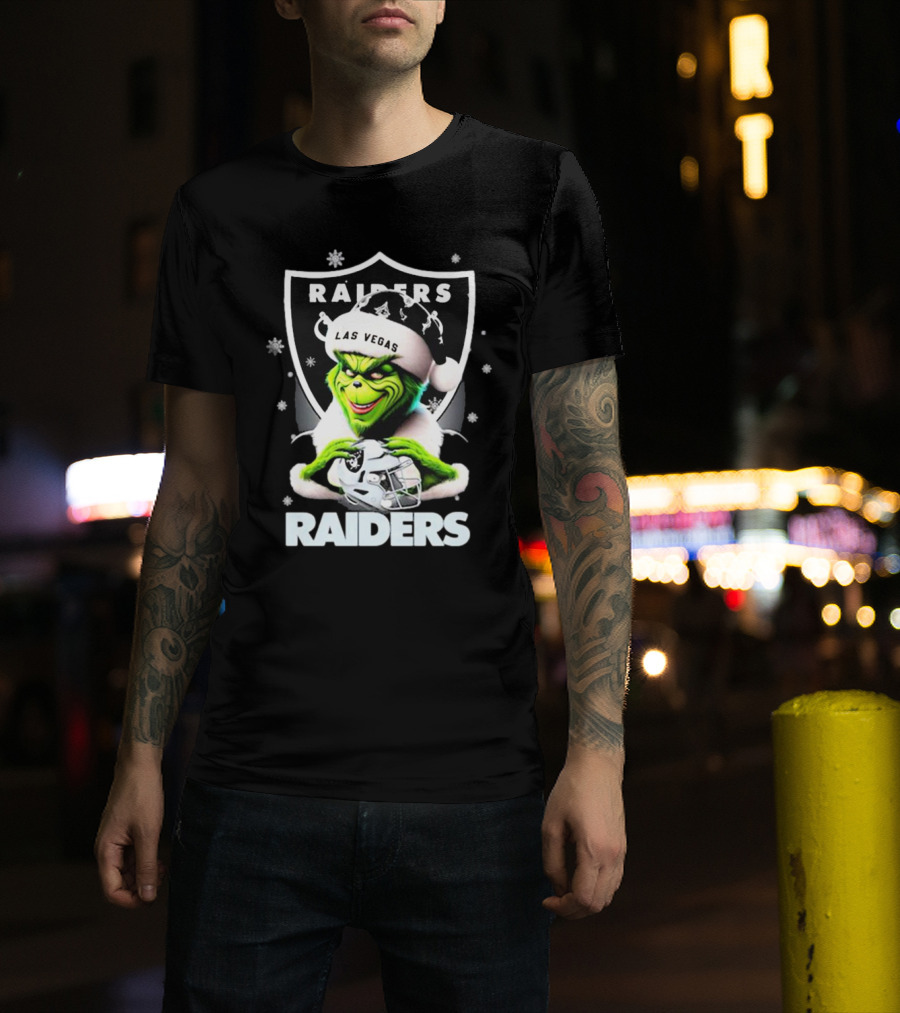 Las Vegas Raiders Grinch Santa Merry Christmas Snowflakes T-Shirt