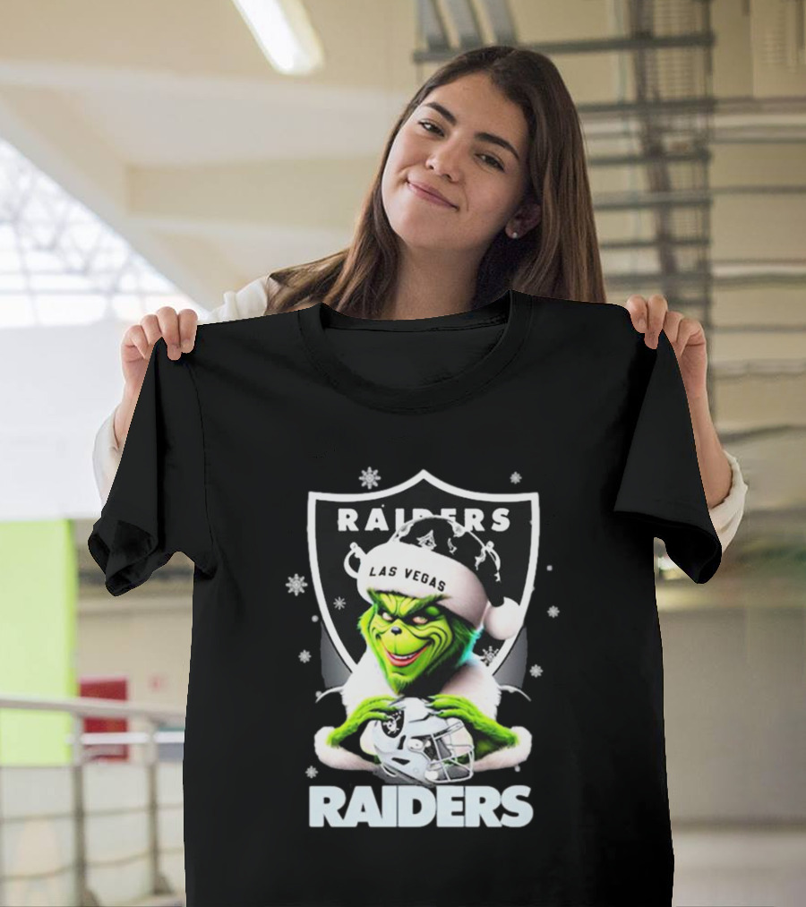 Las Vegas Raiders Grinch Santa Merry Christmas Snowflakes T-Shirt