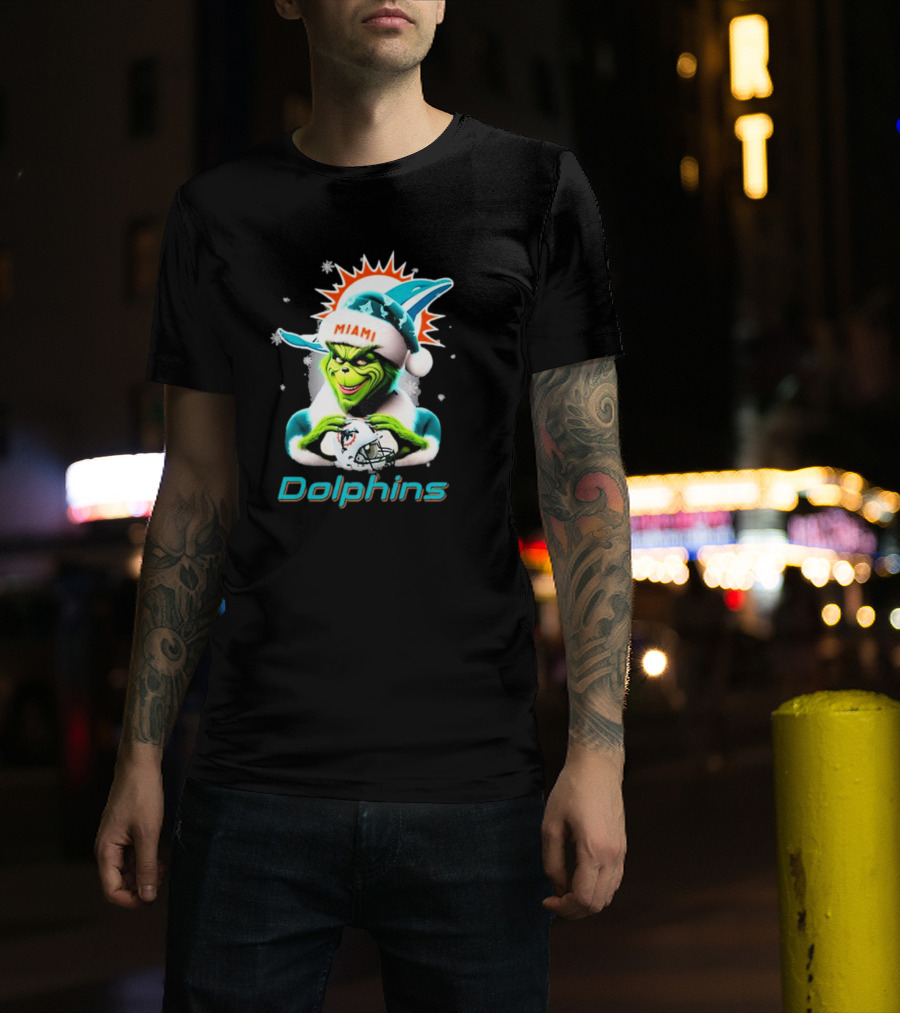 Miami Dolphins Christmas Grinch Santa Hat T-Shirt