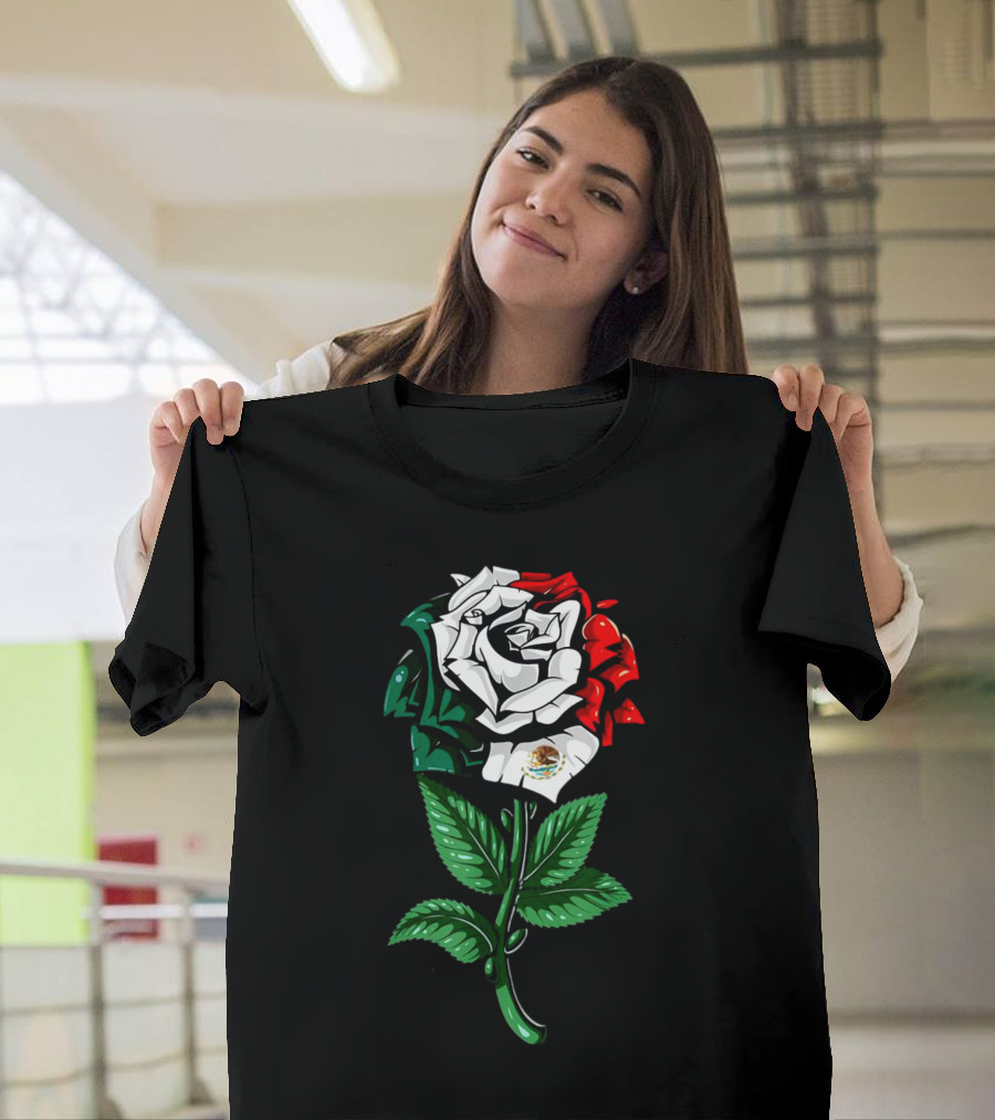 Rose In Colors Of Mexican Flag With Emblem T-Shirt