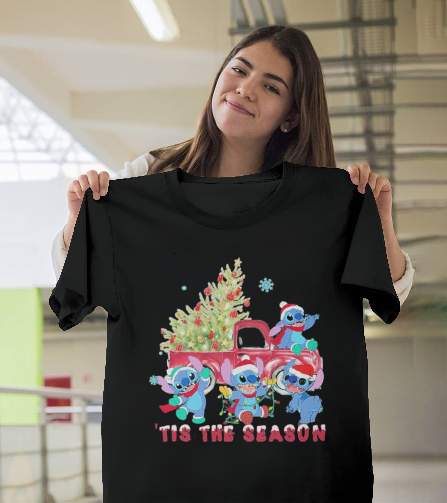 Stitch Tis the Season Christmas Santa Claus with Tree and Truck T-Shirt