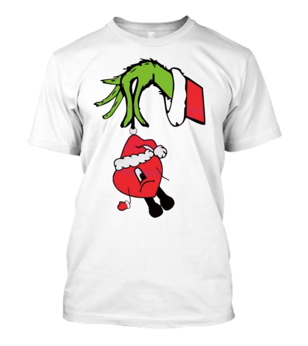 Grinch Hand Holding Santa Hat Bad Bunny Xmas T-Shirt