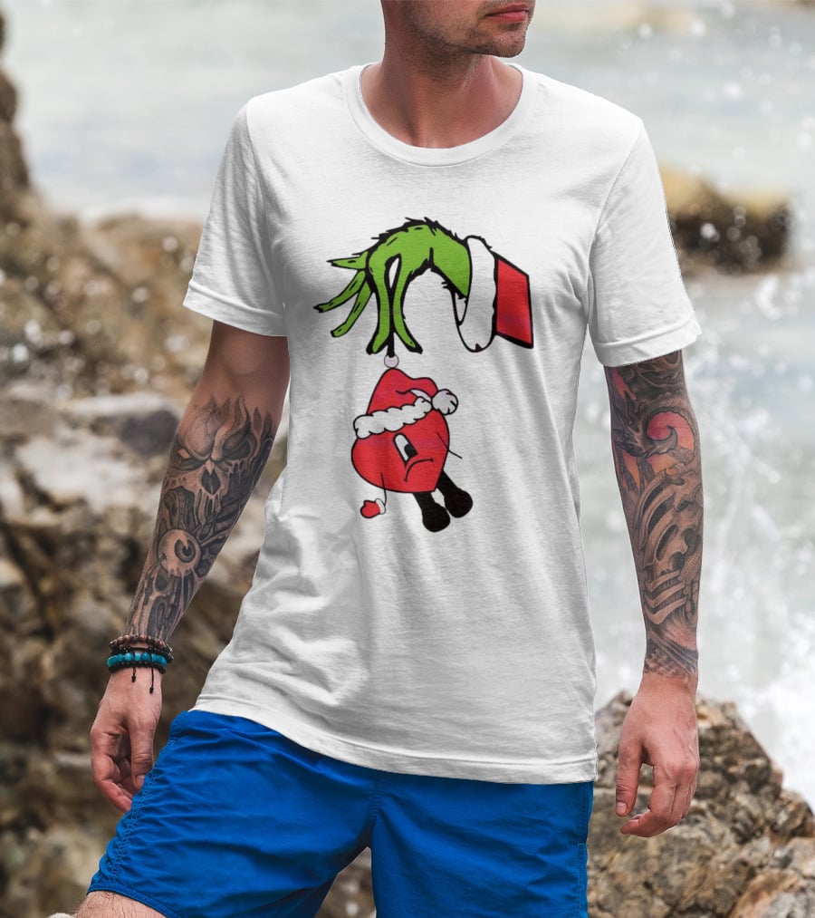 Grinch Hand Holding Santa Hat Bad Bunny Xmas T-Shirt