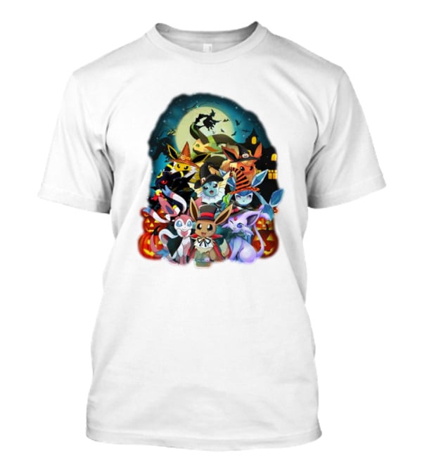 Halloween Eevee All Evolutions With Pumpkins And Witch Hat Moon Scene T-Shirt