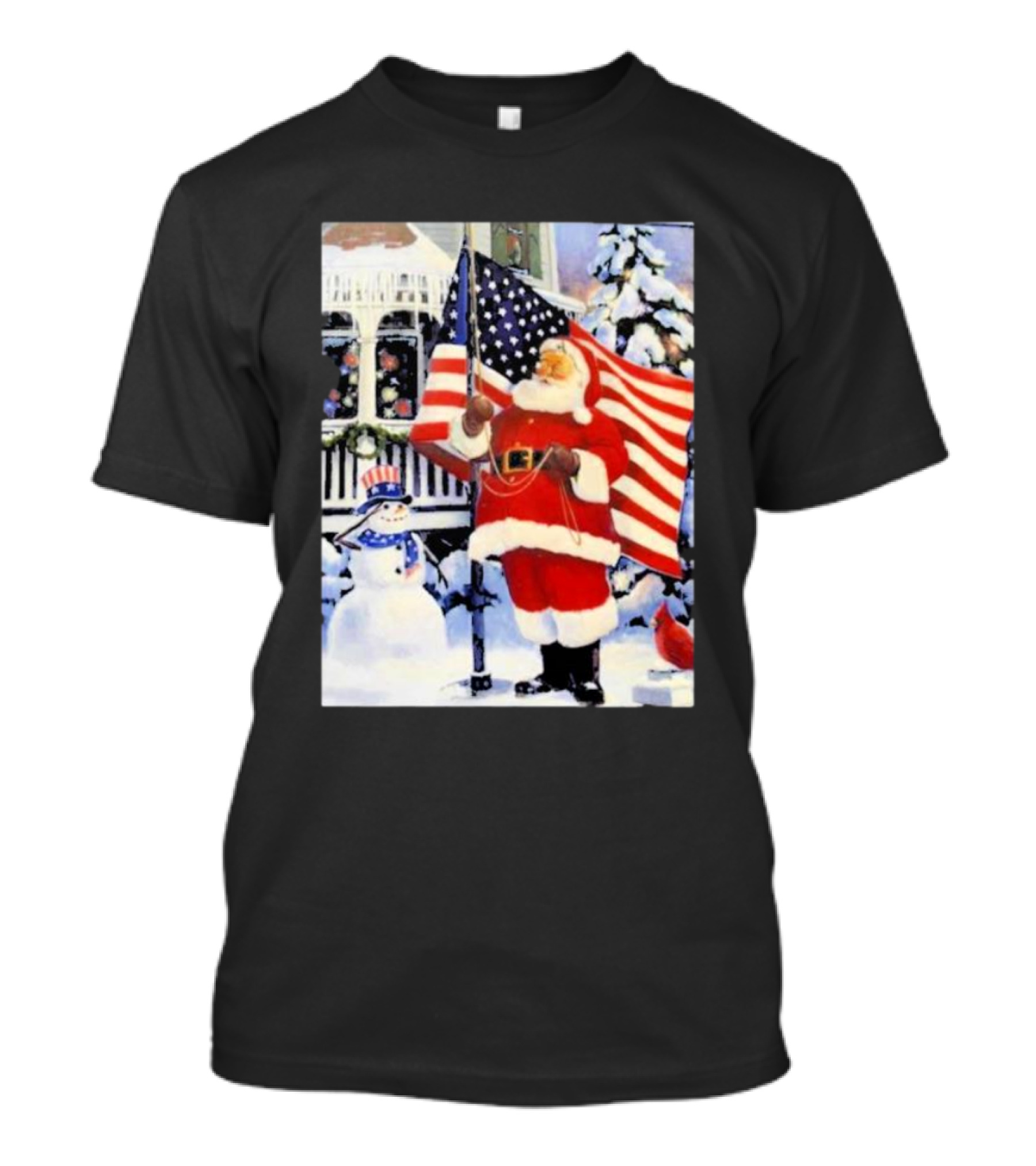 Santa Claus And Snowman With American Flag In Winter Scene T-Shirt