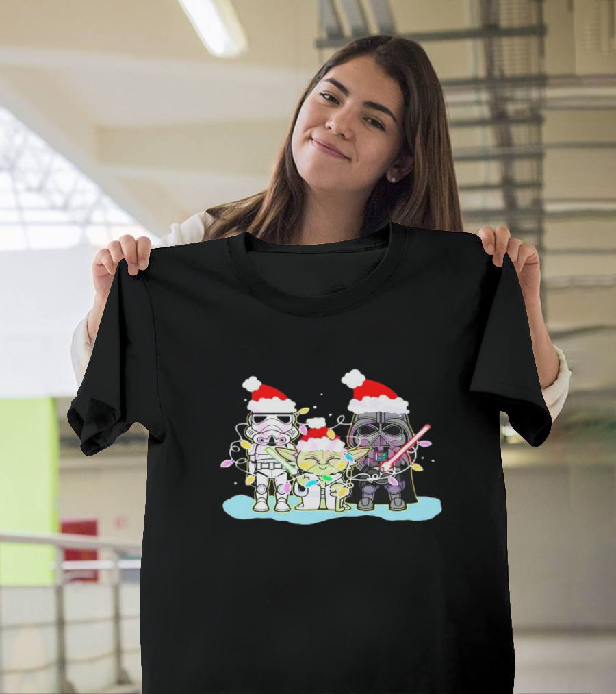 Star Wars Characters Santa Hat Christmas Lights Funny Vibes T-Shirt