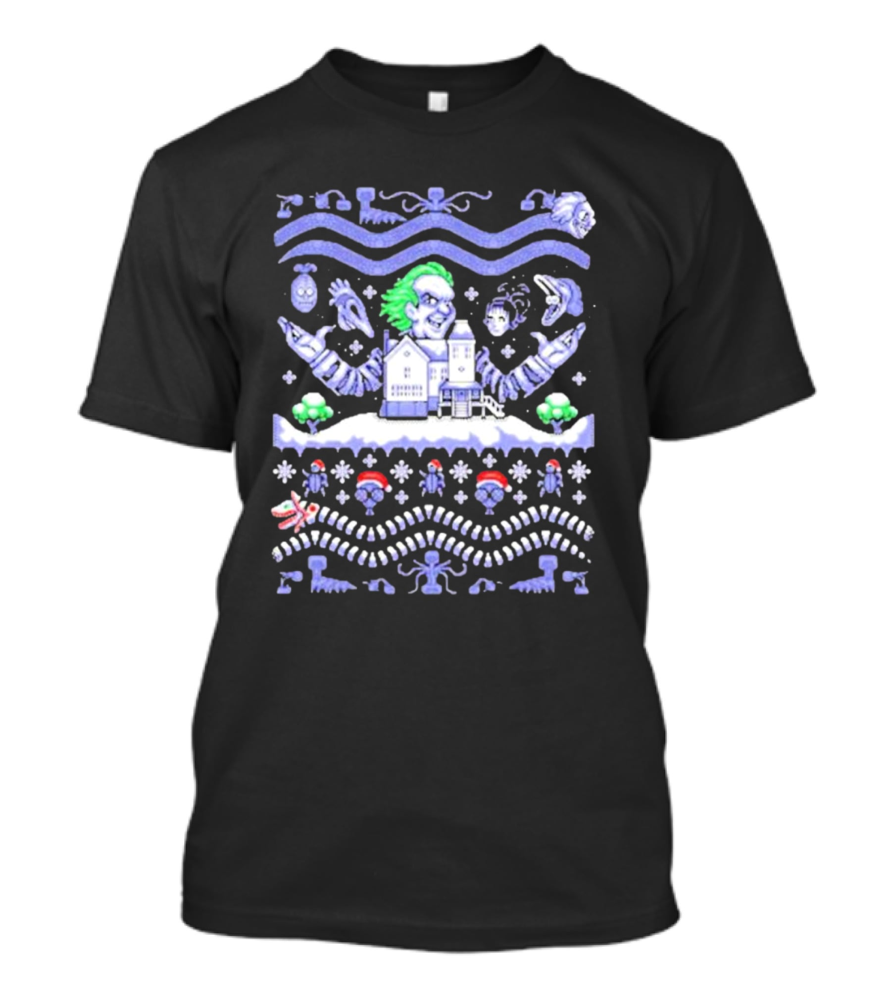 Christmas Beetlejuice Snowy House Scene And Ghostly Icons T-Shirt