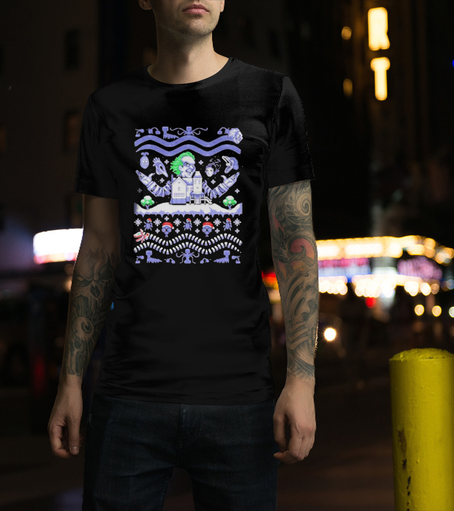 Christmas Beetlejuice Snowy House Scene And Ghostly Icons T-Shirt