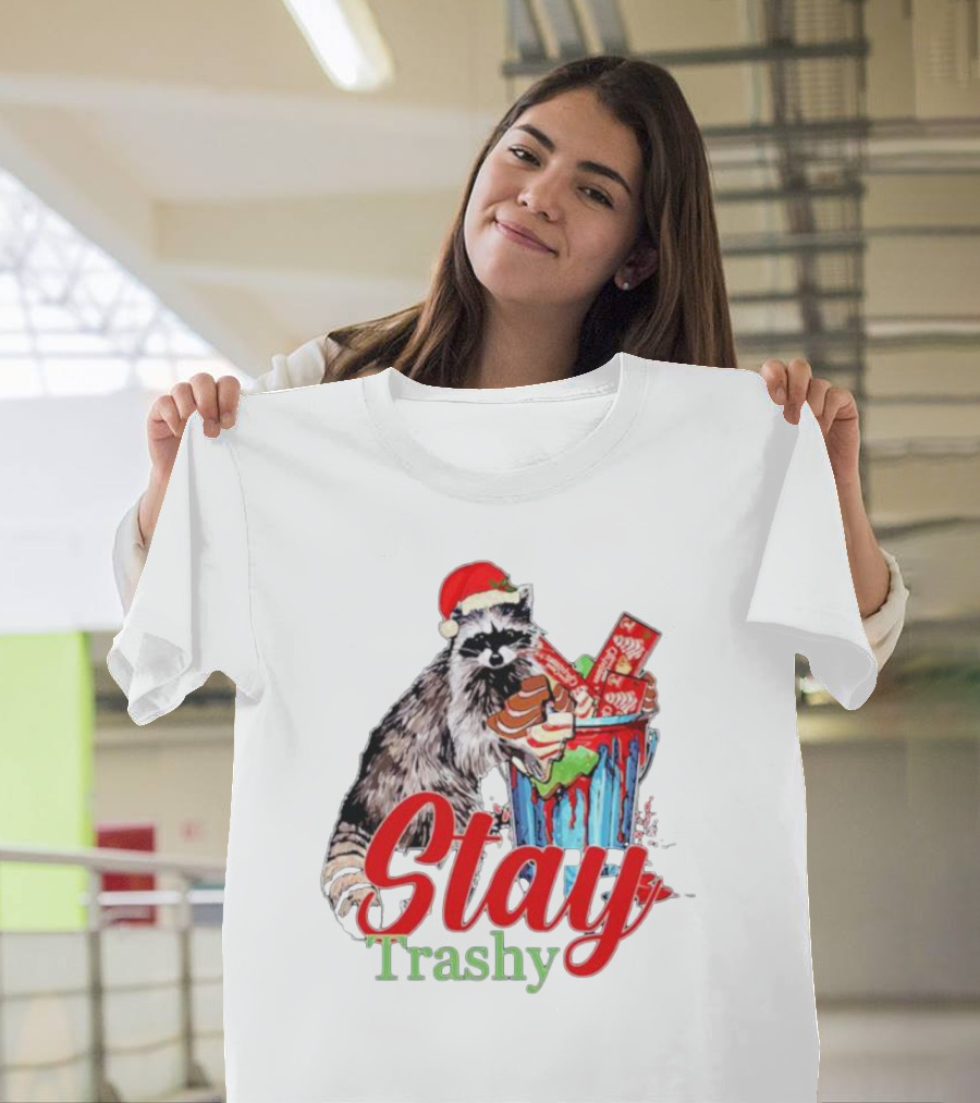 Stay Trashy Christmas Raccoon Xmas Lover With Santa Hat T-Shirt