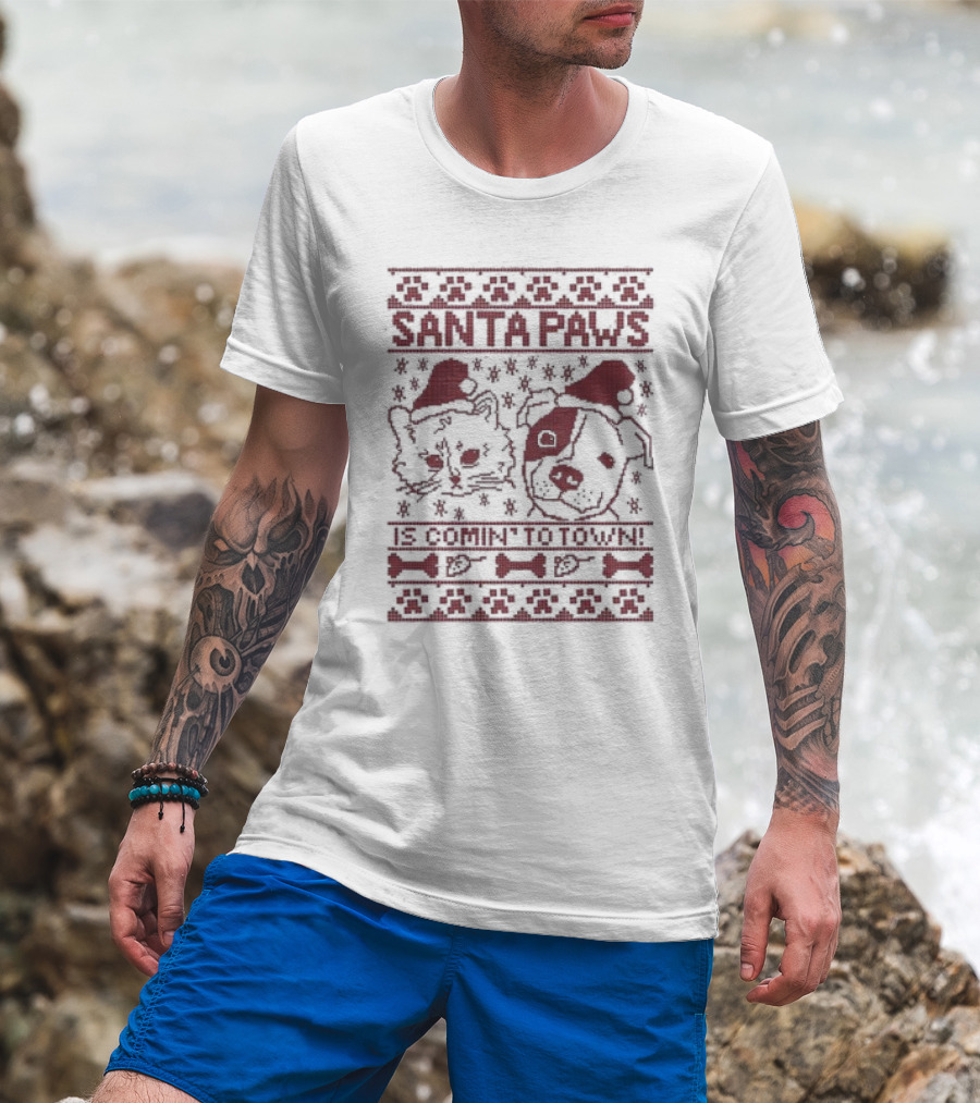 Santa Paws Cat And Dog Christmas Sweater Is Comin' To Town T-Shirt
