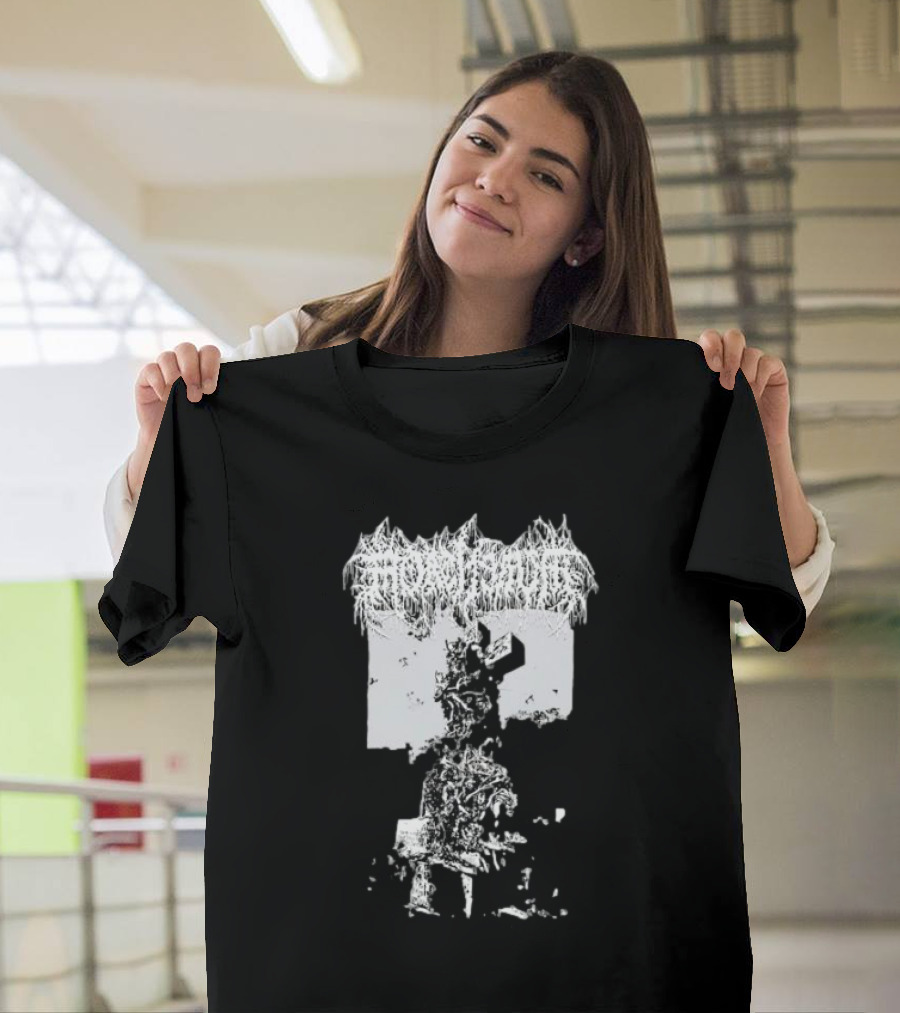 Mortiferum Burial Stone Cross Death Metal Band Logo With Gothic Cemetery T-Shirt