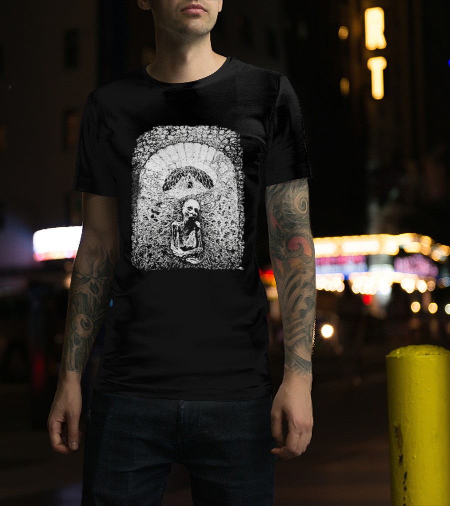 Mortiferum Cave Dweller Skeleton In Gothic Archway T-Shirt