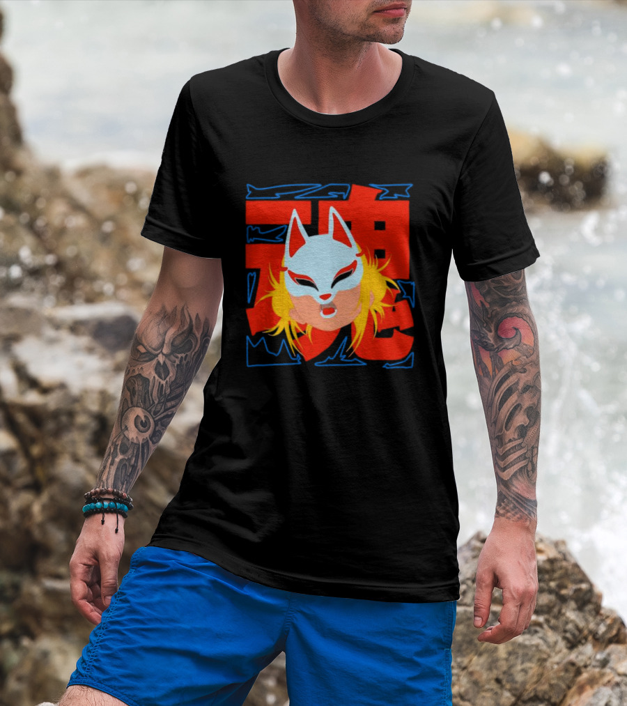 Kitsune Catori Mask With Red Kanji And Blond Hair T-Shirt