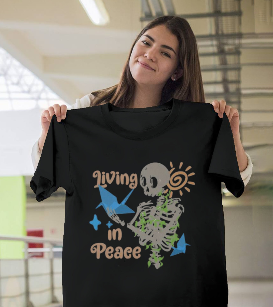 Living in Peace Skeleton Sun Origami Birds T-Shirt