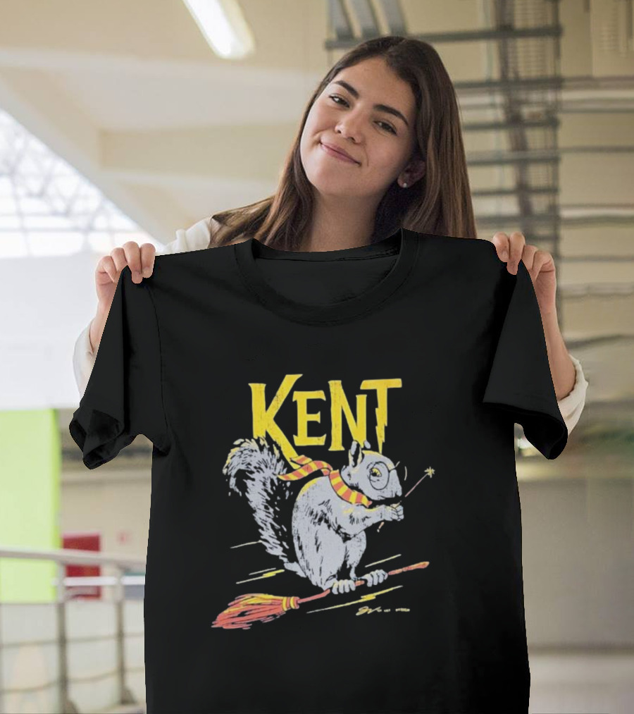 Kent Wizardly Squirrel Riding Broomstick with Wand and Scarf T-Shirt
