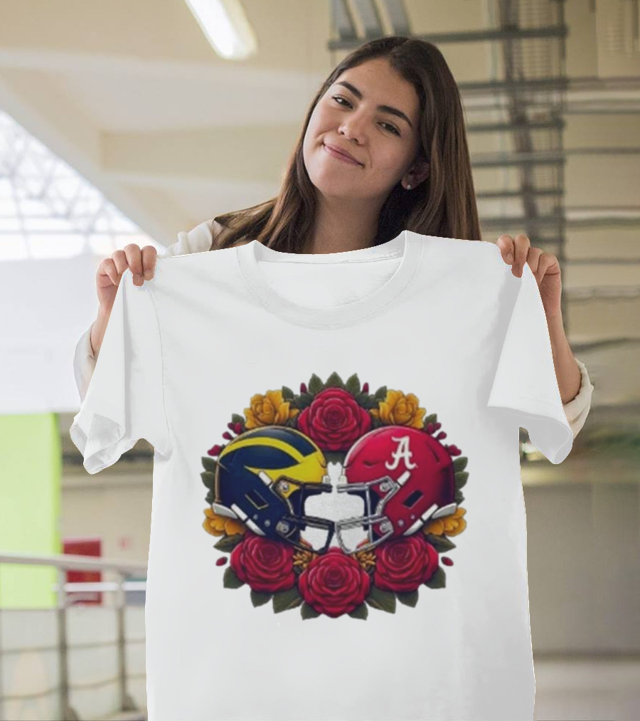 Rose Bowl Game Michigan Wolverines Versus Alabama Crimson Tide Football Helmets with Roses T-Shirt