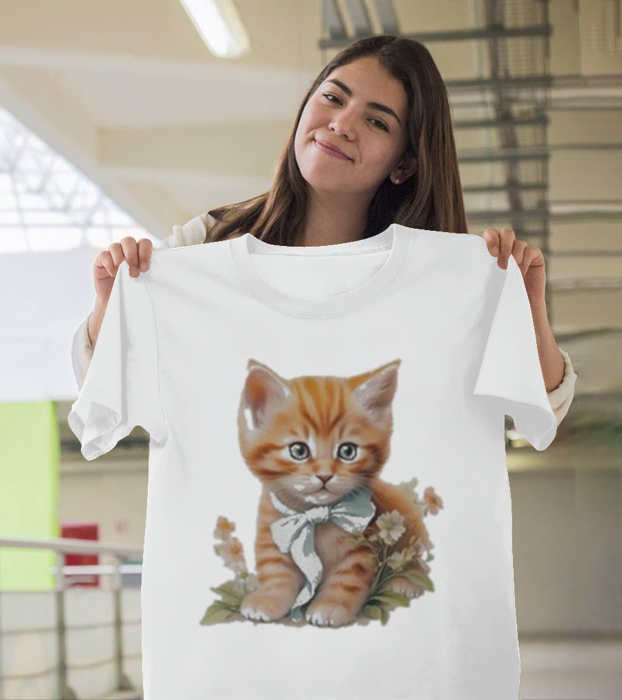 Beabadoobee Cat Kimchi Miso Kitten with Bow and Flowers T-Shirt