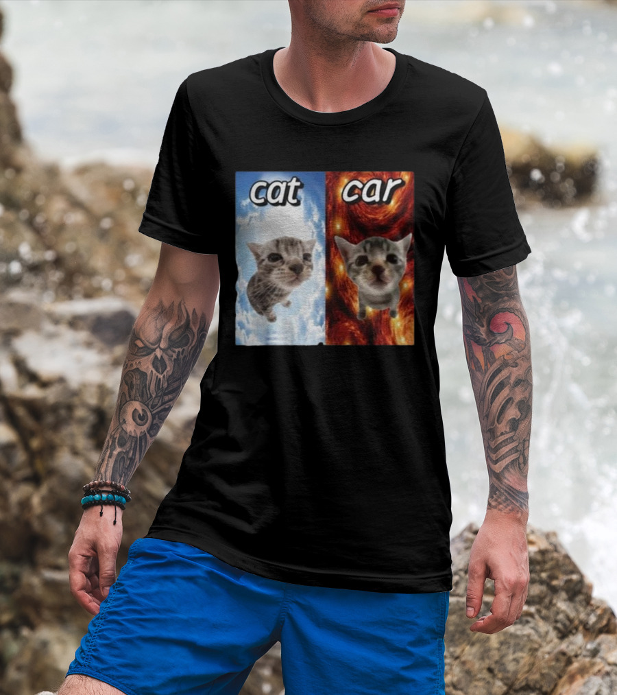 Cat Car Cringey Showdown In Cosmic Clouds And Fiery Vortex T-Shirt