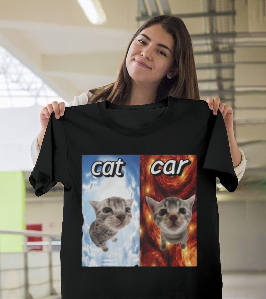 Cat Car Cringey Showdown in Cosmic Clouds and Fiery Vortex T-Shirt