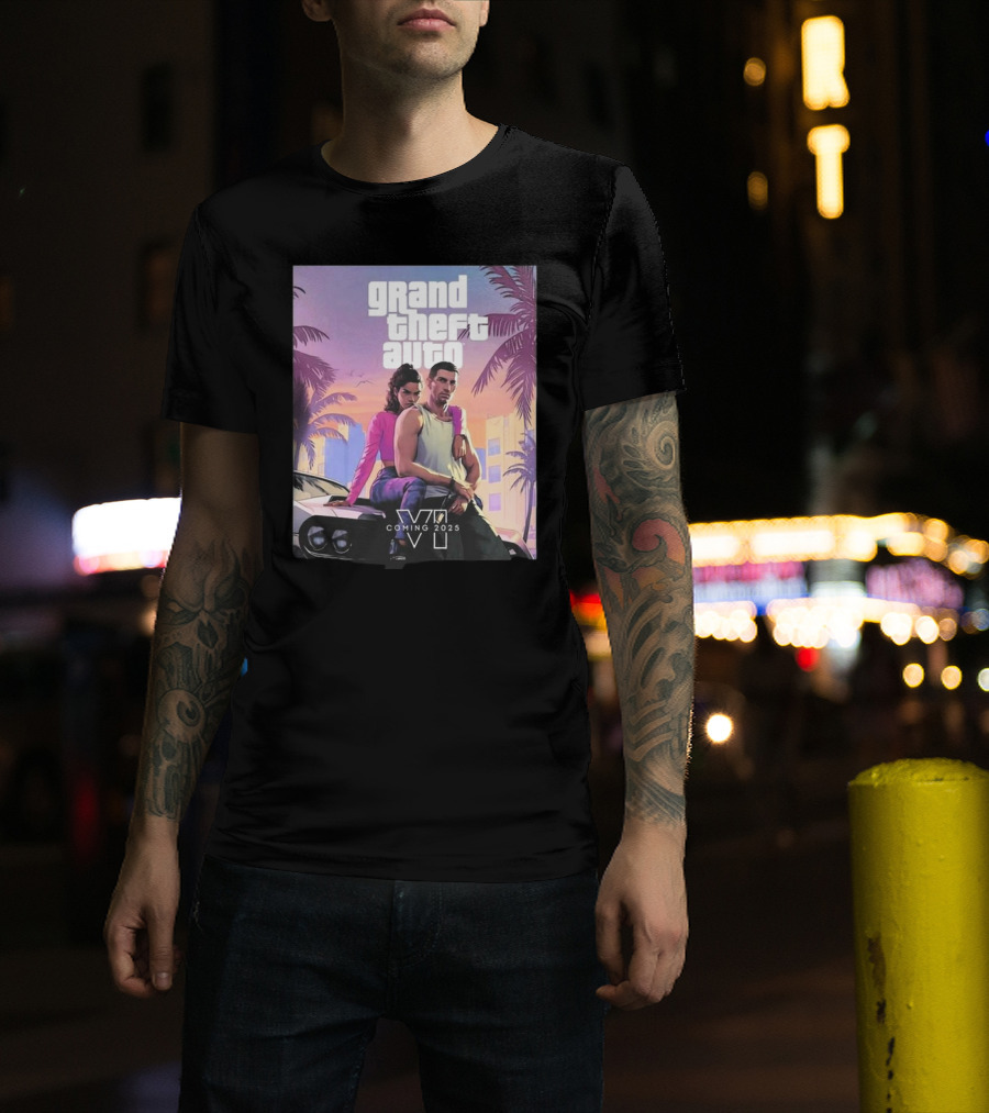 Grand Theft Auto VI Coming 2025 Retro Vice City Vibes Palm Trees Car T-Shirt