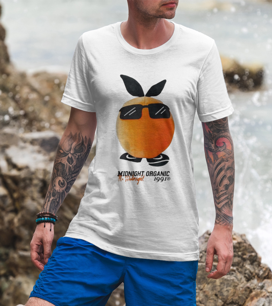 Midnight Organic Mr. Midnight 1991 Orange Character With Sunglasses T-Shirt