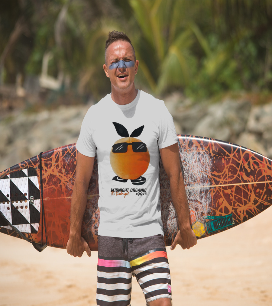 Midnight Organic Mr. Midnight 1991 Orange Character With Sunglasses T-Shirt