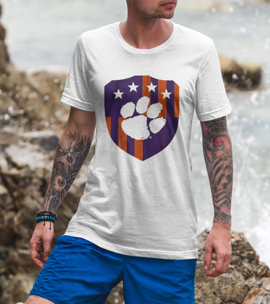 Clemson United Paw Print Shield With Four Stars Orange And Purple T-Shirt
