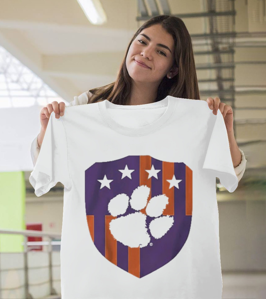 Clemson United Paw Print Shield With Four Stars Orange And Purple T-Shirt