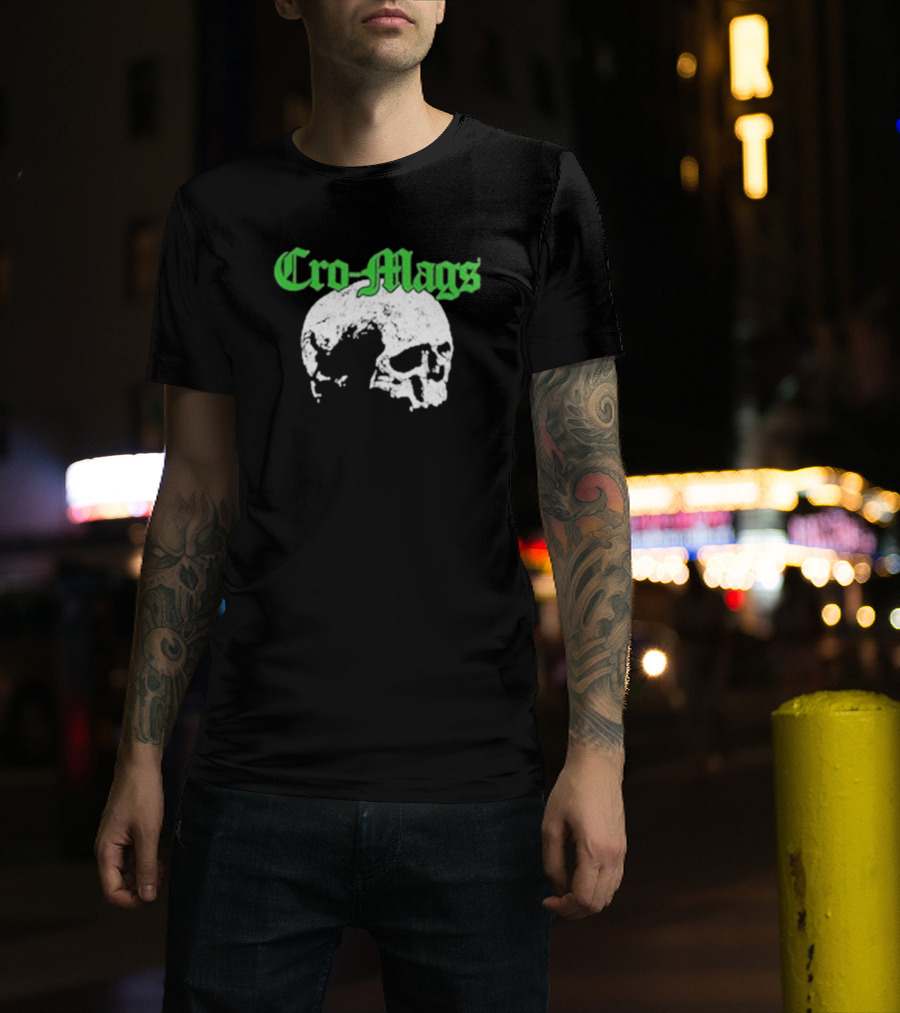Cro Mags Green Text White Skull T-Shirt