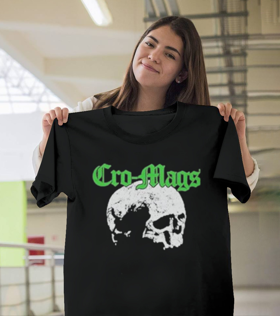 Cro Mags Green Text White Skull T-Shirt