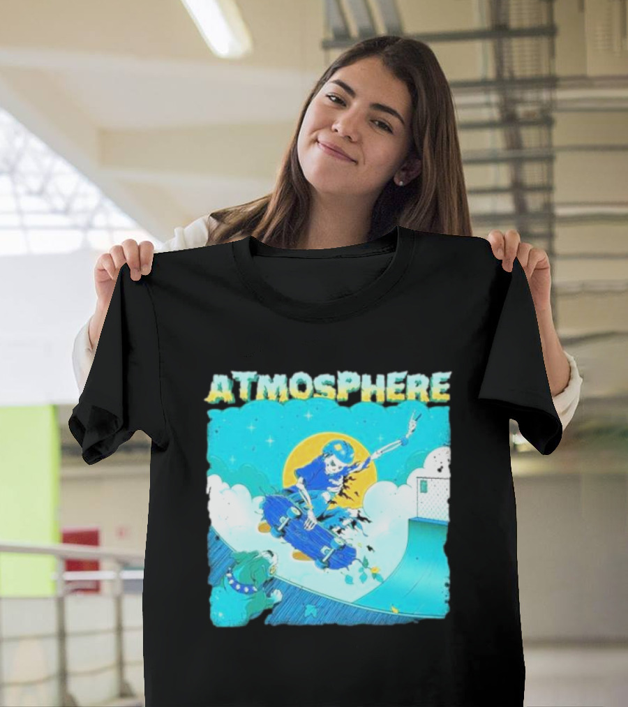 ATMOSPHERE Skateboarding Skeleton Dog Ramp Peace Sign T-Shirt