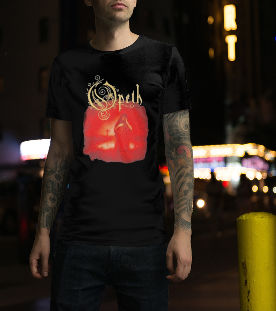 Opeth Still Life Gothic Red Cloaked Figure And Cross T-Shirt