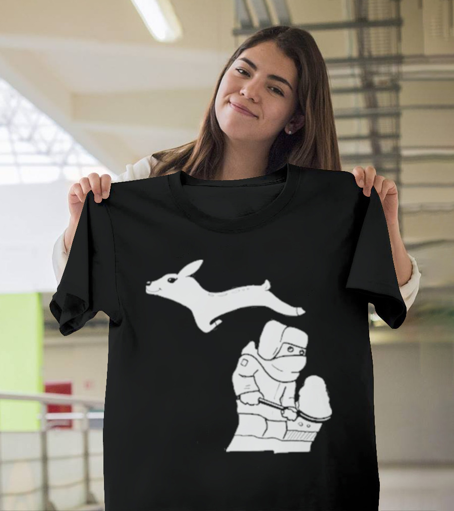 Michigan Winter Snow Shoveling and Leaping Deer T-Shirt