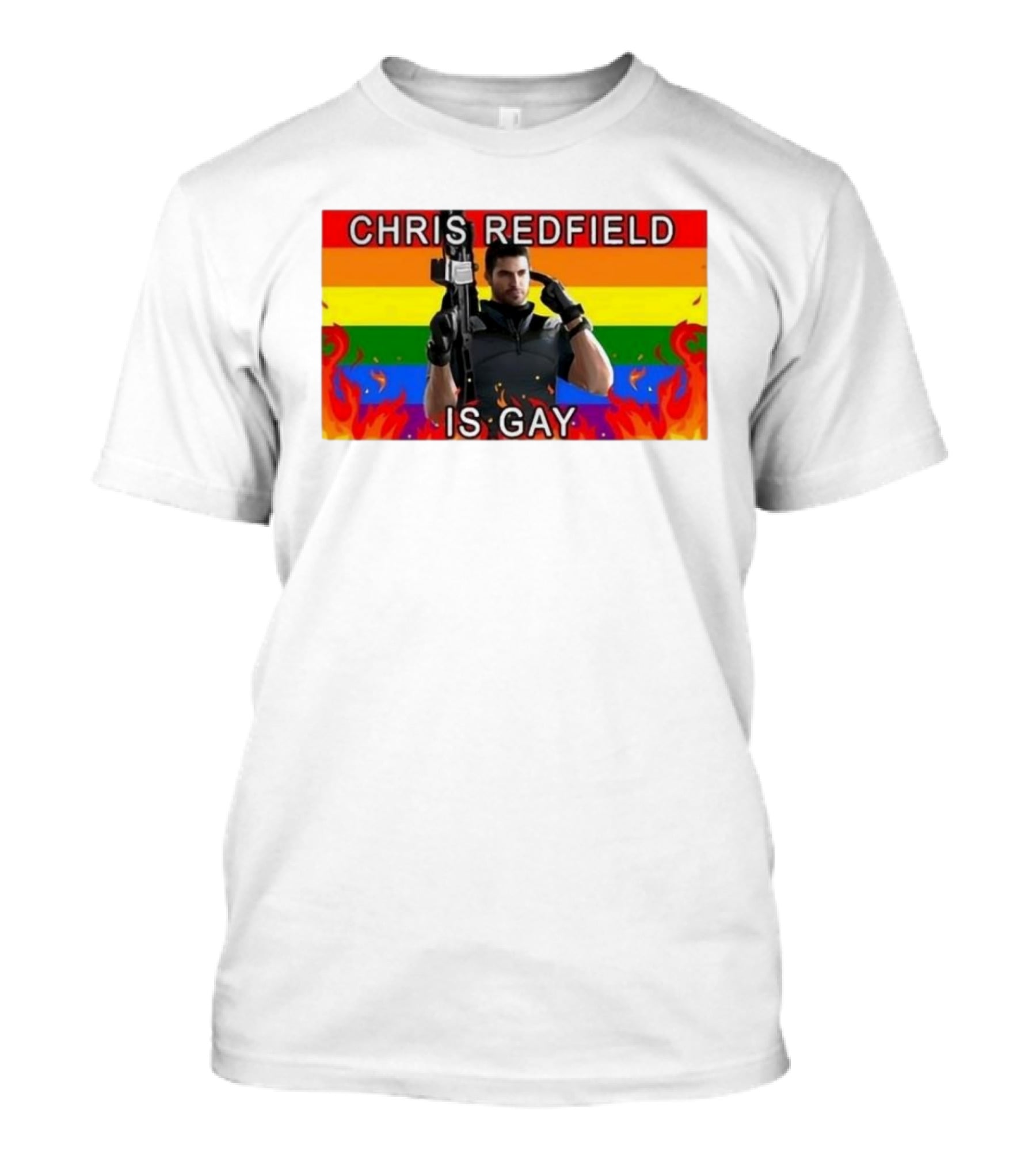 Chris Redfield Is Gay Rainbow Background Flames T-Shirt