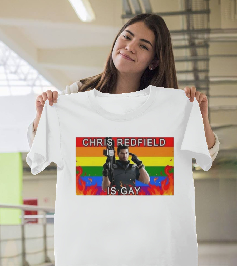 Chris Redfield Is Gay Rainbow Background Flames T-Shirt