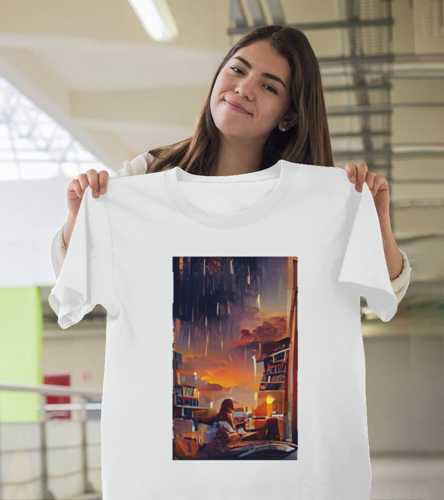 Midnight Library National Library Literacy Week 2 Cozy Reading at Sunset with Bookshelves and Candlelight T-Shirt