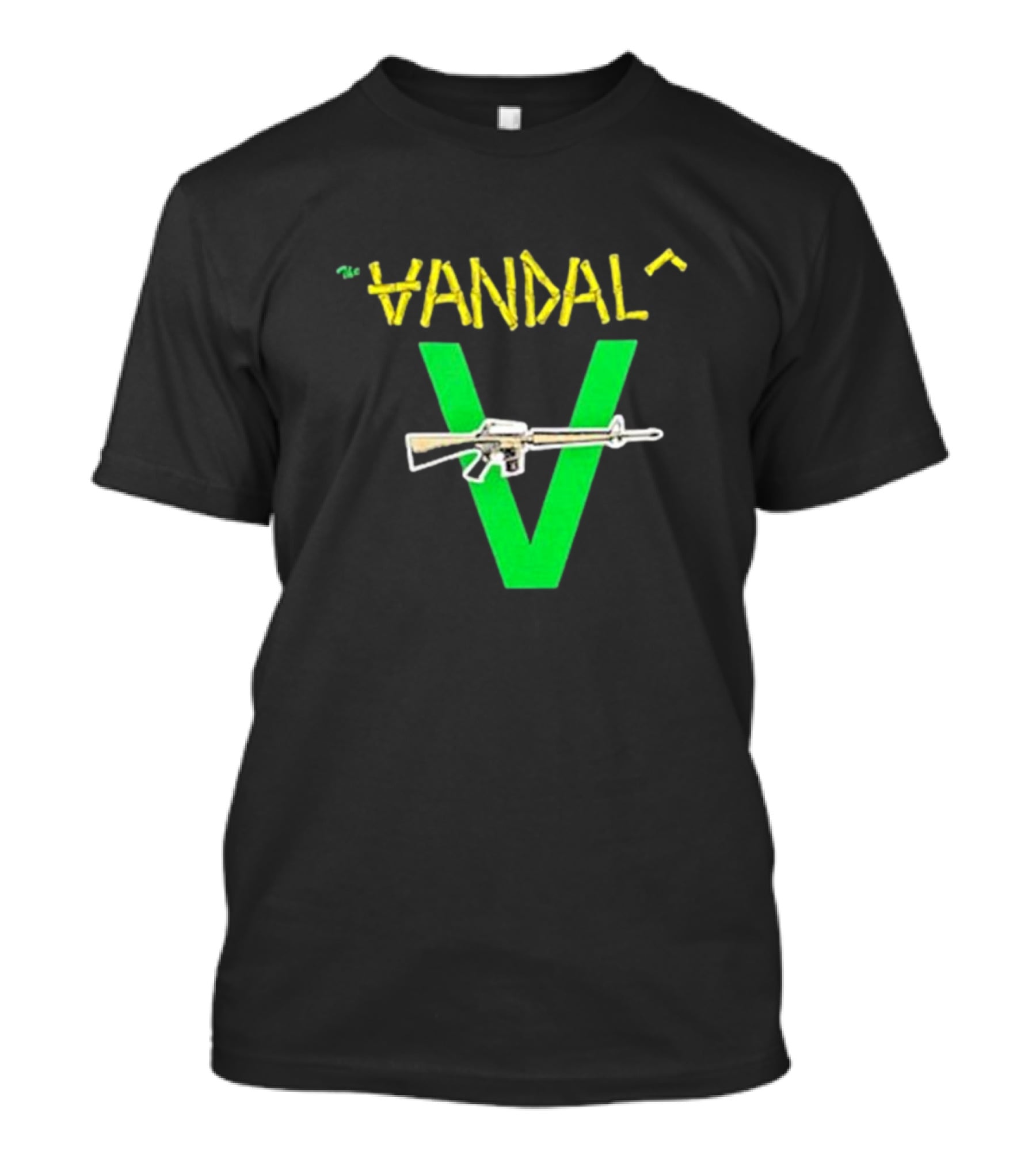 The Vandals Yellow Text Green V Rifle Image T-Shirt