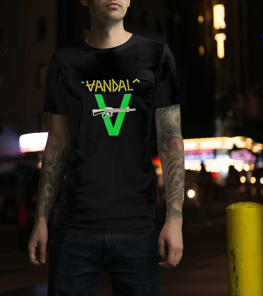 The Vandals Yellow Text Green V Rifle Image T-Shirt