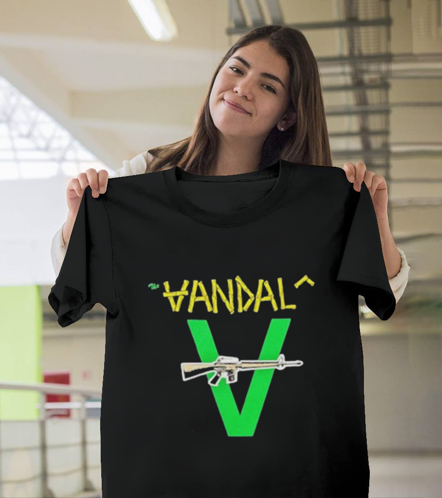 The Vandals Yellow Text Green V Rifle Image T-Shirt