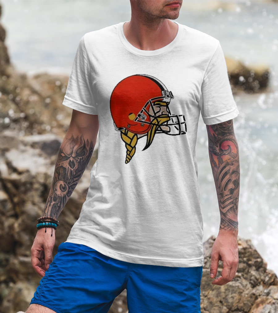 Quality Jay Cuda Browns Vikings Dual Logo Helmet T-Shirt