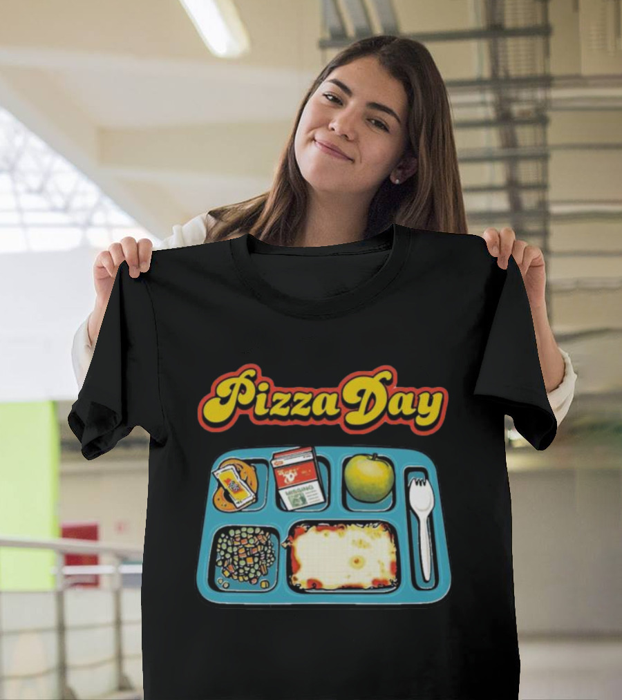 S7s Pizza Day Cafeteria Lunch Tray with Pizza, Milk, Apple, Cookies, Fork, and Vegetables T-Shirt