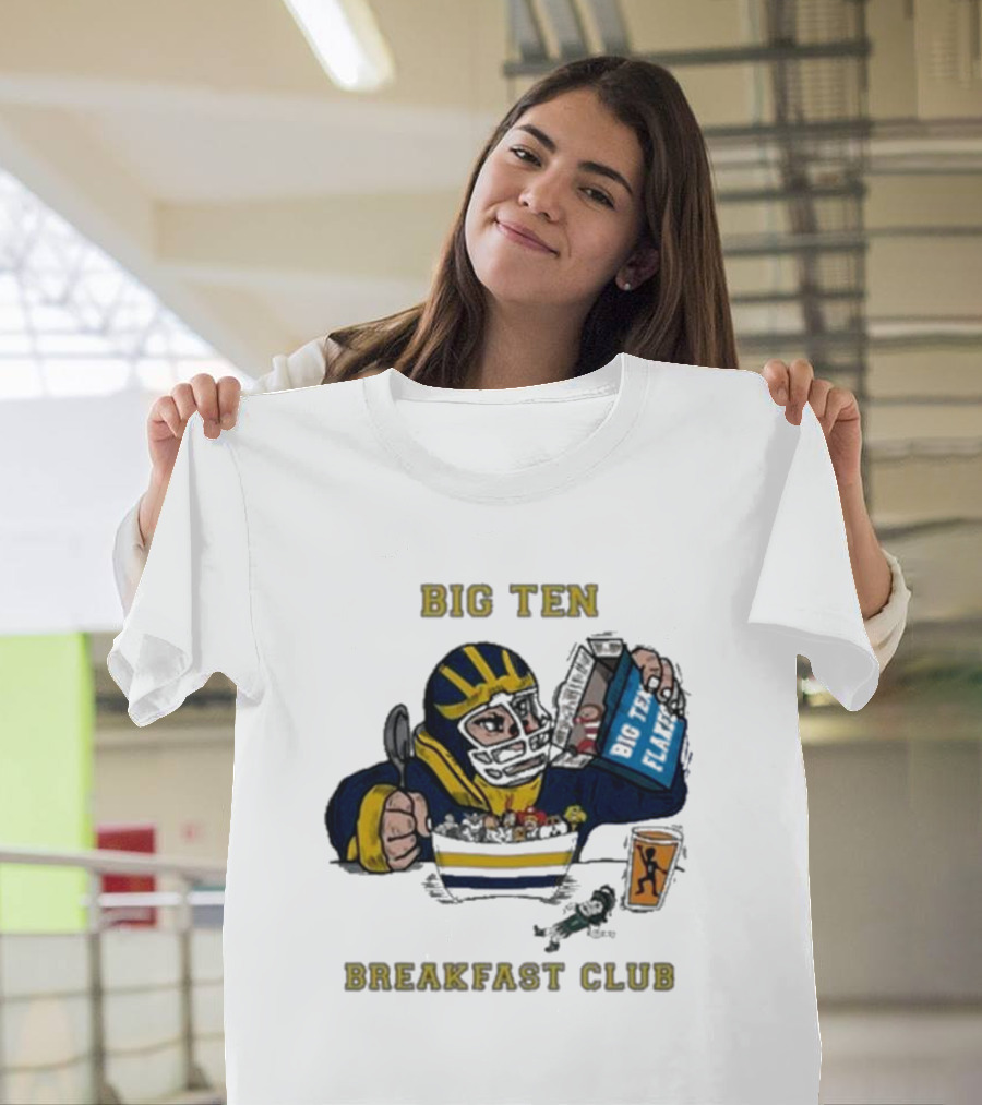 Big Ten Breakfast Club Michigan Wolverines Player Eating Cereal With Blue Box And Orange Cup T-Shirt