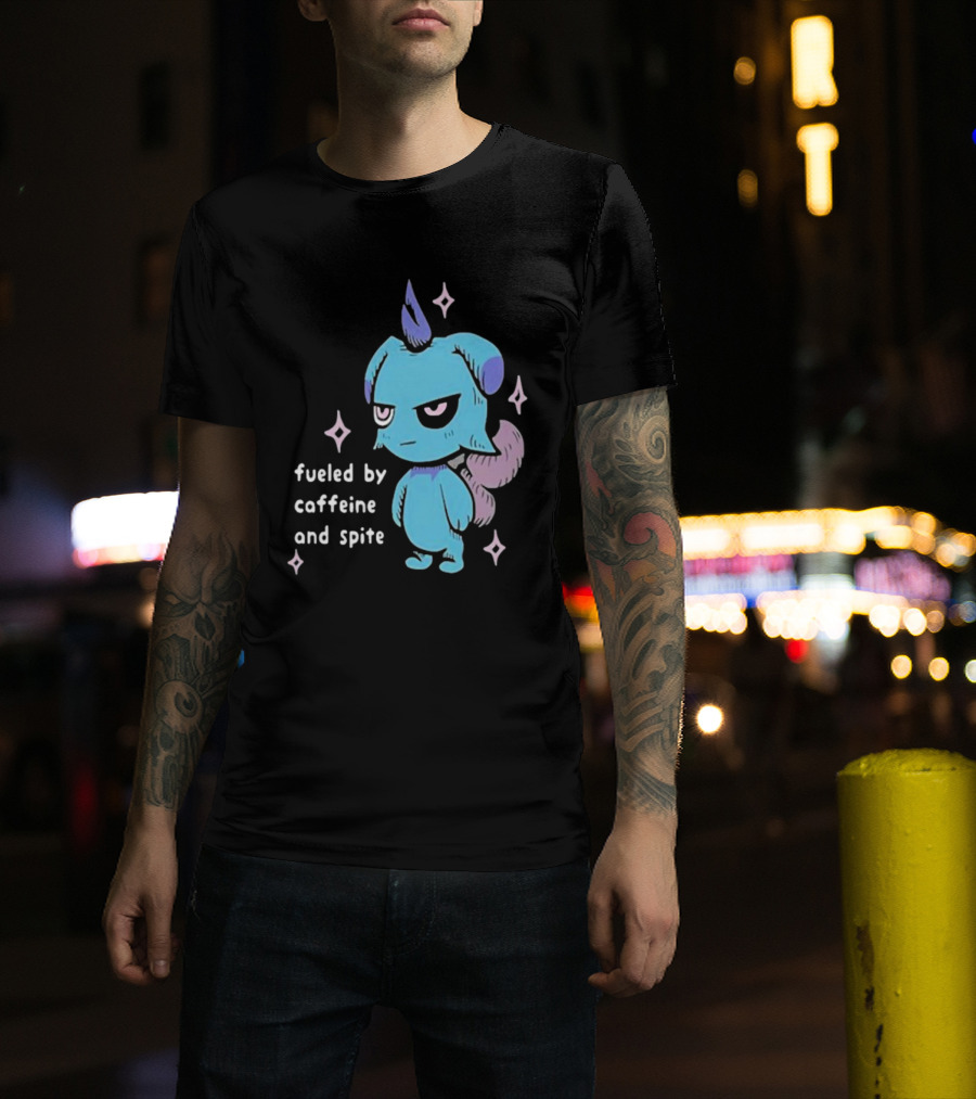 Palworld Fueled By Caffeine And Spite Blue Creature With Pink Stars T-Shirt