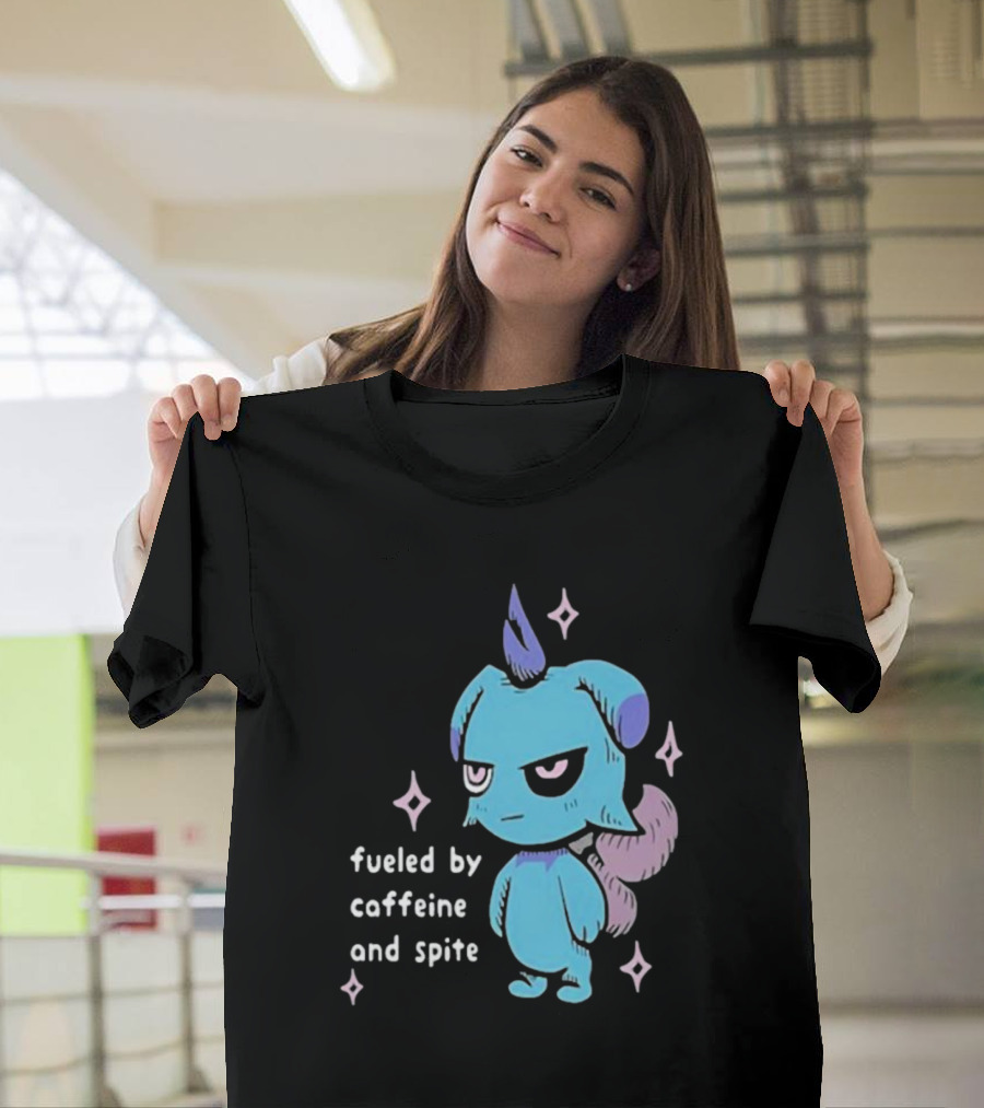 Palworld Fueled By Caffeine And Spite Blue Creature With Pink Stars T-Shirt