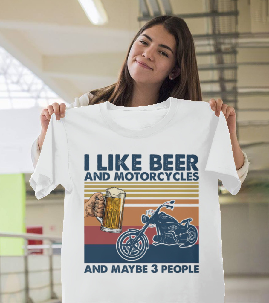 I Like Beer and Motorcycles and Maybe 3 People Striped Motif with Beer Mug and Motorcycle T-Shirt
