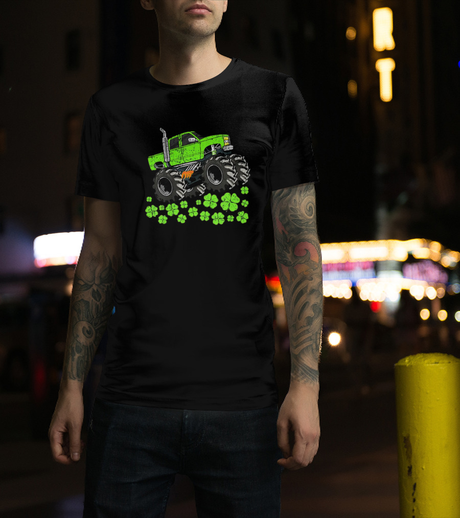 Kids Boys St Patricks Day Toddler Lucky Green Monster Truck With Shamrocks T-Shirt